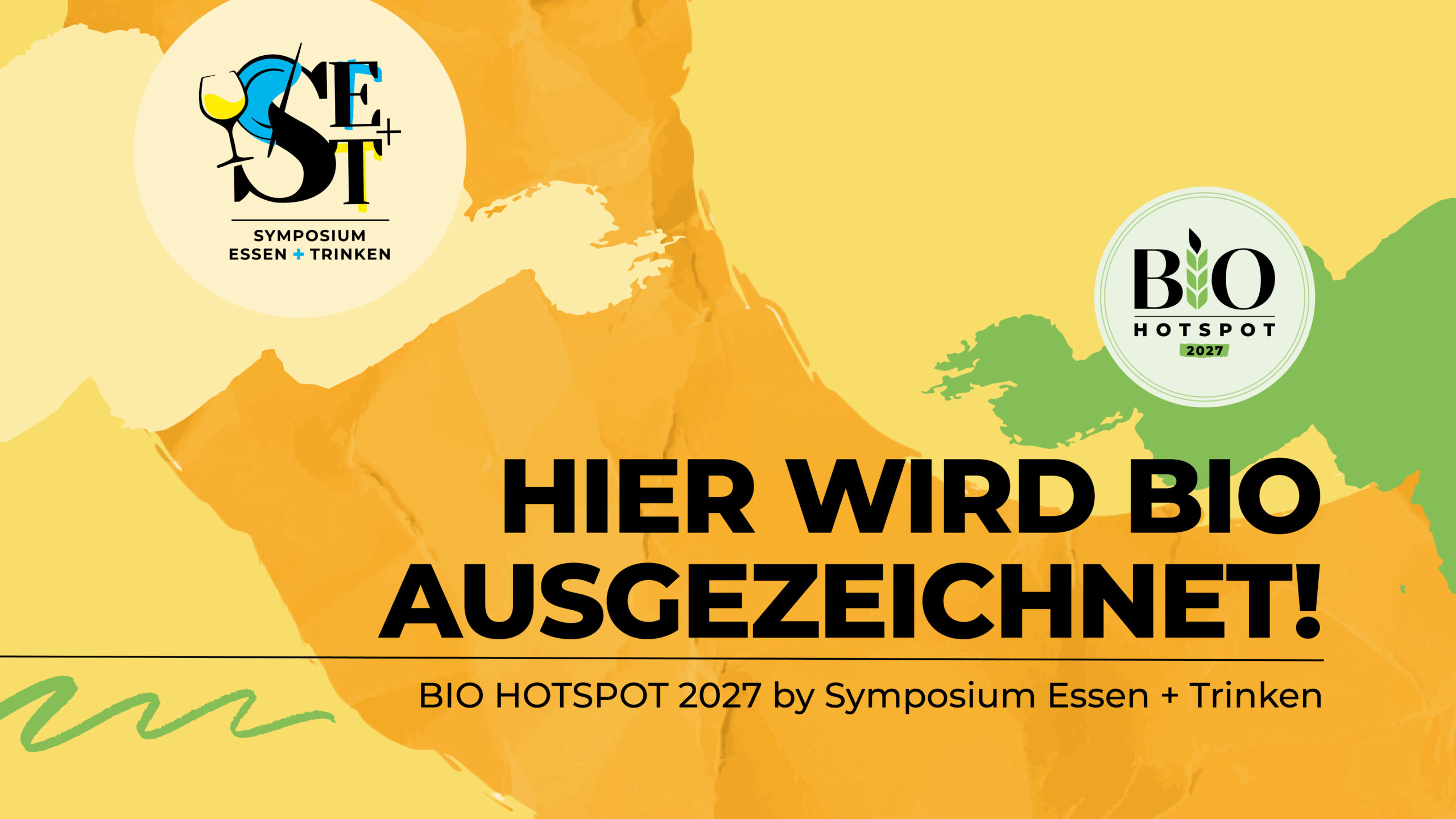 Grafik zum BIO HOTSPOT 2027 by Symposium Essen + Trinken mit dem Schriftzug „Hier wird Bio ausgezeichnet!“, dem BIO HOTSPOT-Logo.